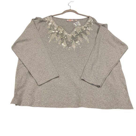 Quaker Factory Womens Gray Sequined V Neck Top 3X Boho Luxe Casual Glam Party - Picture 6 of 7